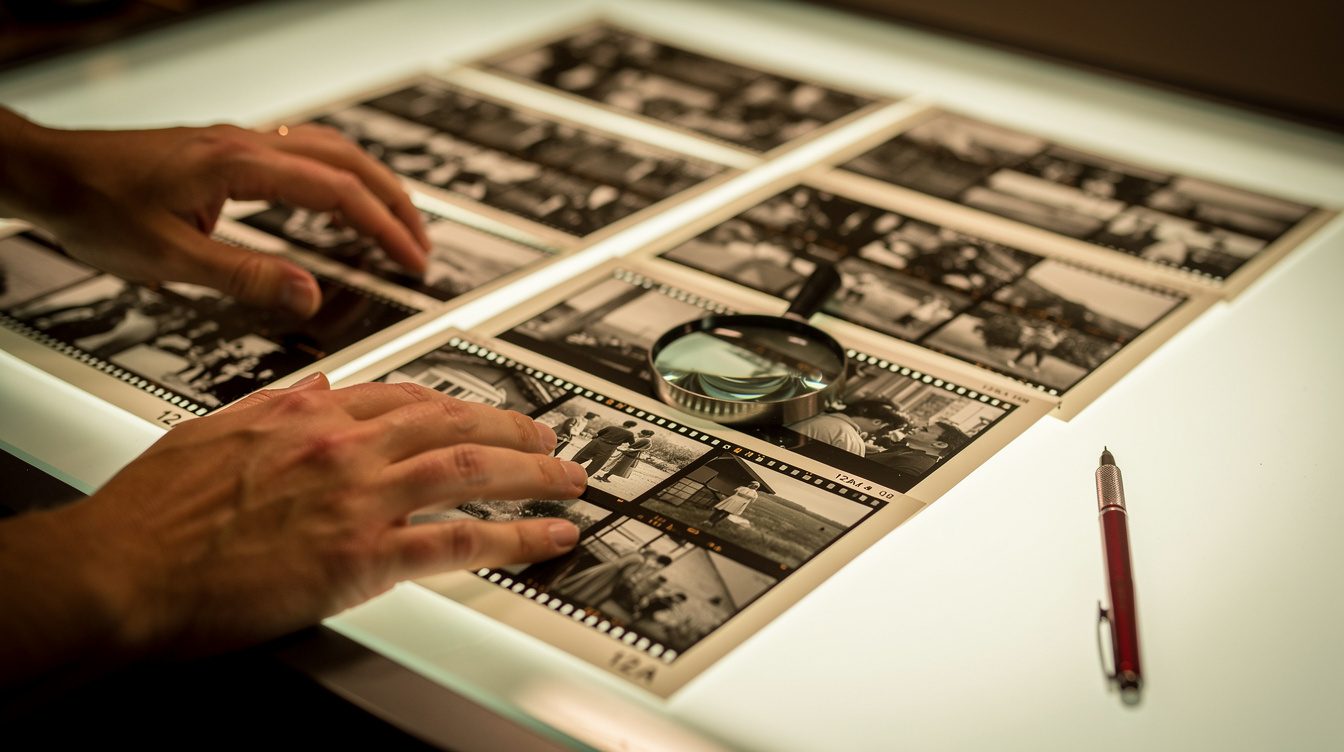 Editor reviewing contact sheets of documentary photographs