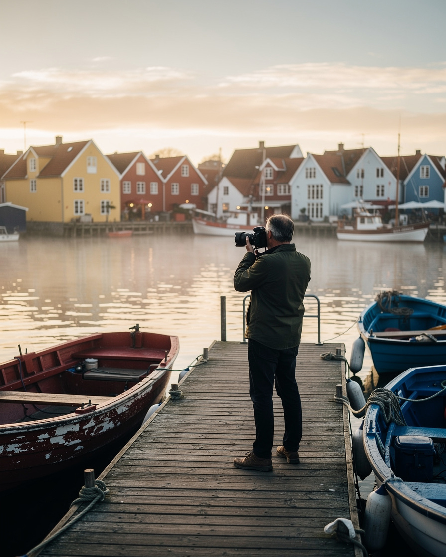 Documentary photographer photographing a Danish fishing village at dawn